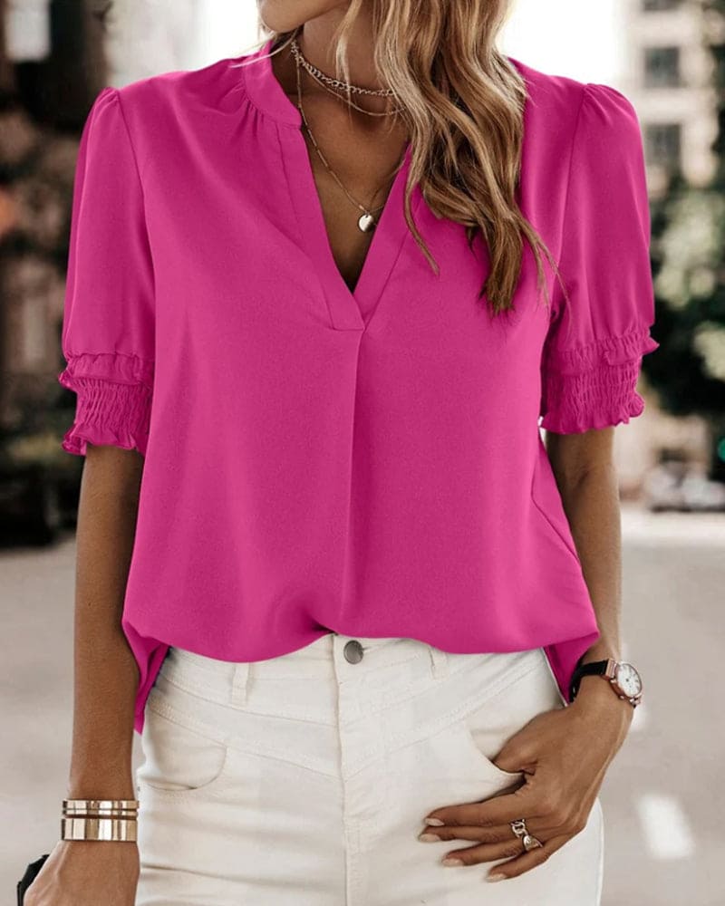 Maya™ | Women's V-Neck Puff Sleeve Blouse Short Sleeve Top