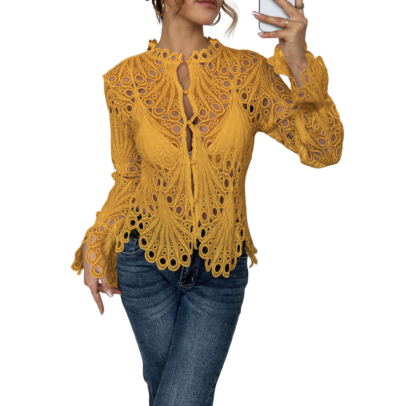 Bianca™ | Women's Lace Cutwork Blouse Long Sleeve Hollow Out Top