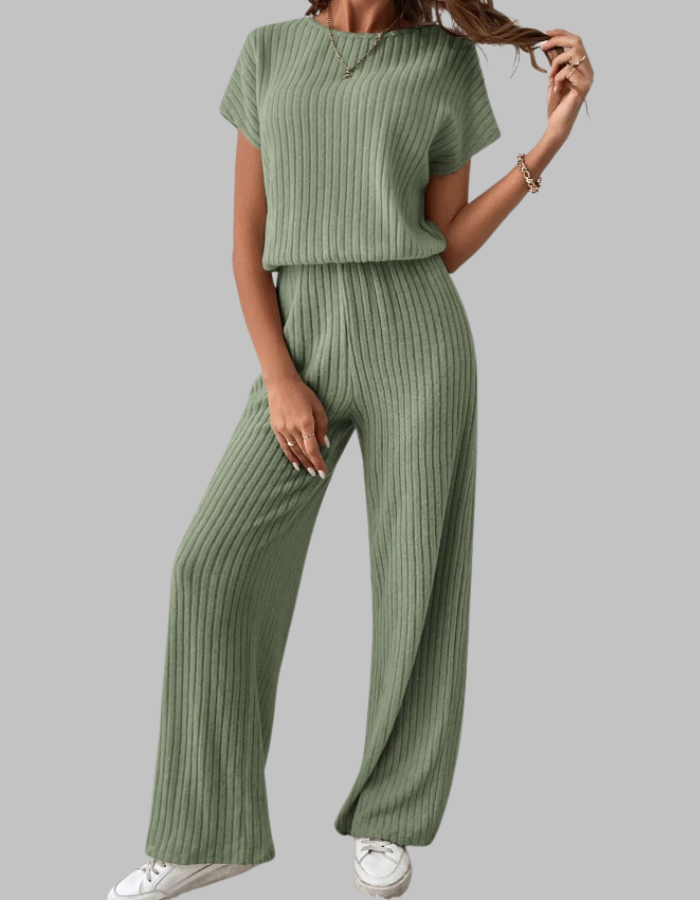 Nora™ | Women's Ribbed Two Piece Set Short Sleeve Top Wide Leg Pants