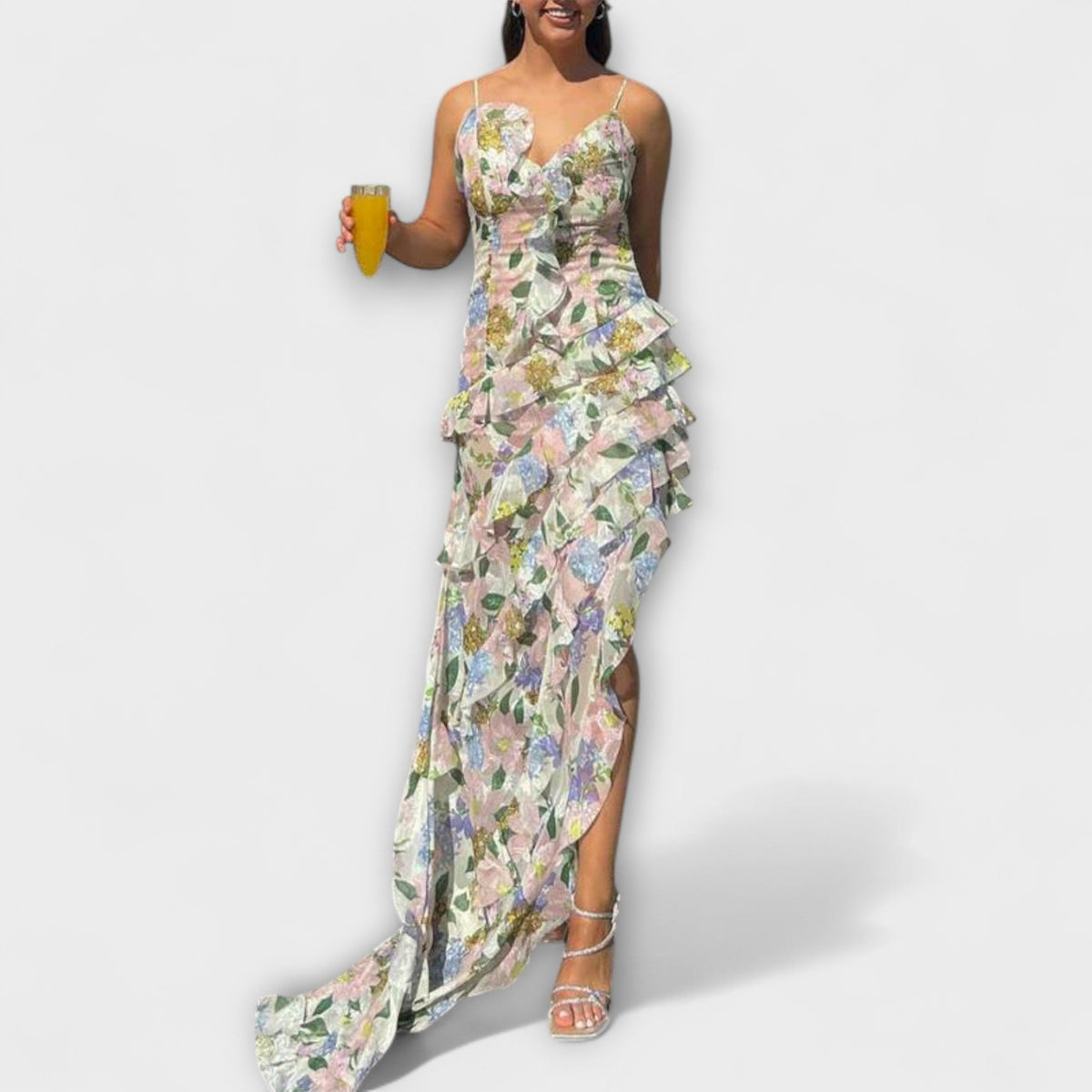 Style200™ | Chic Ruffled Dress with Strap Print for Any Occasion