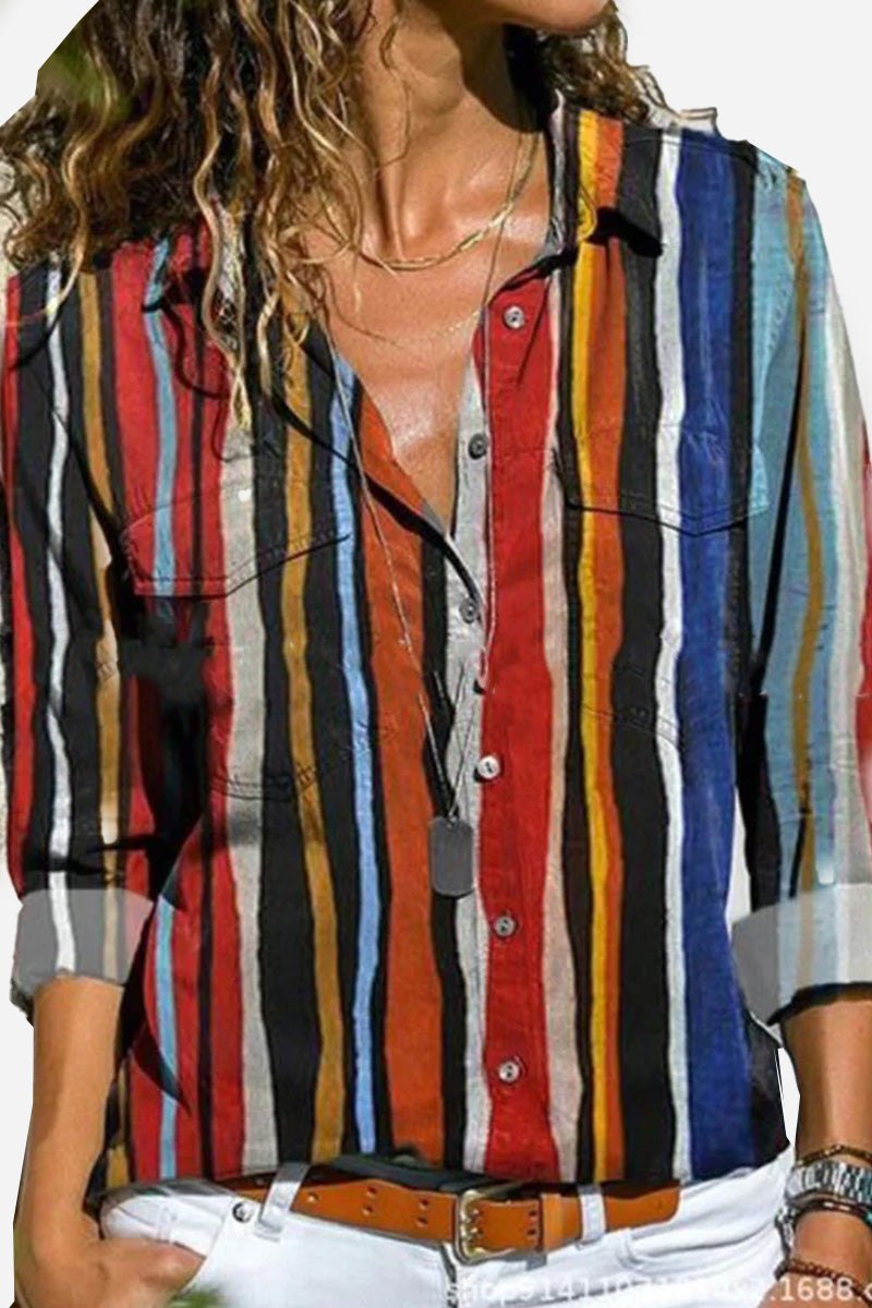 Maya™ | Women's Colorful Striped Button-Down Long Sleeve Shirt