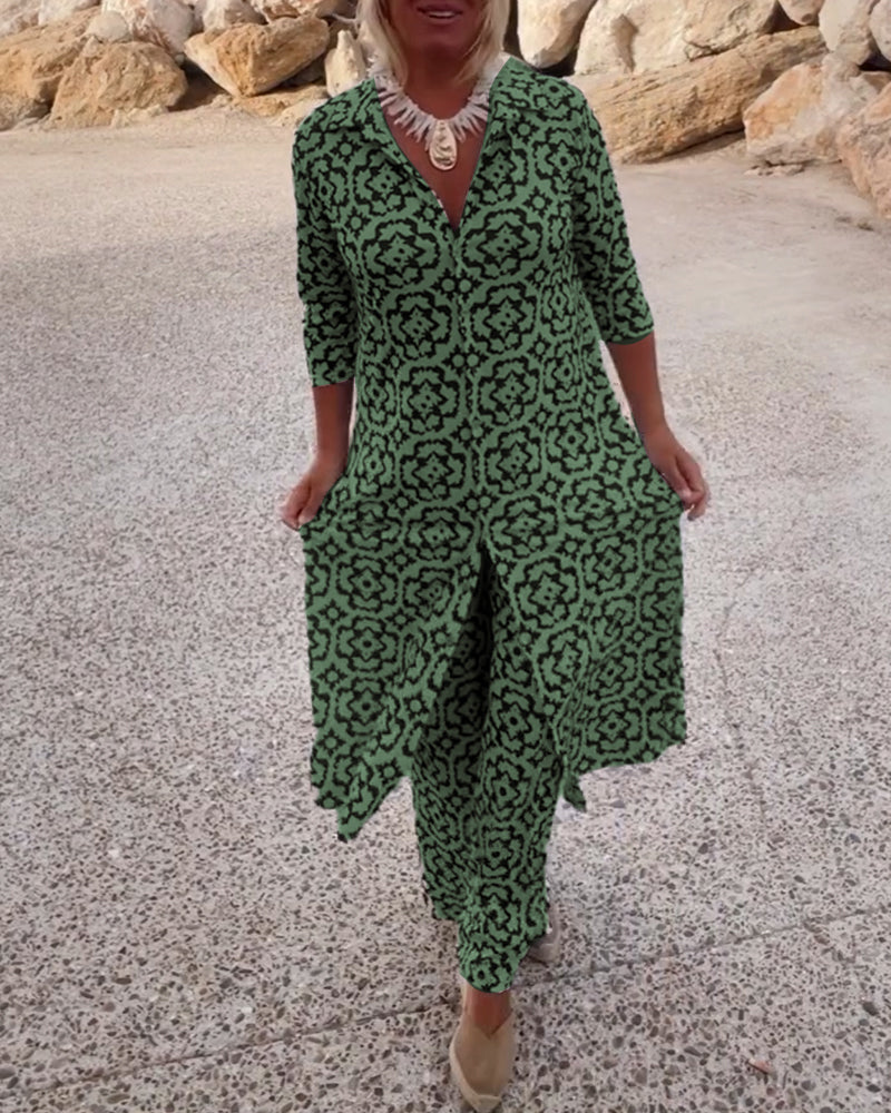 Mosa™ | Women's Printed Two Piece Set Longline Shirt Straight Pants