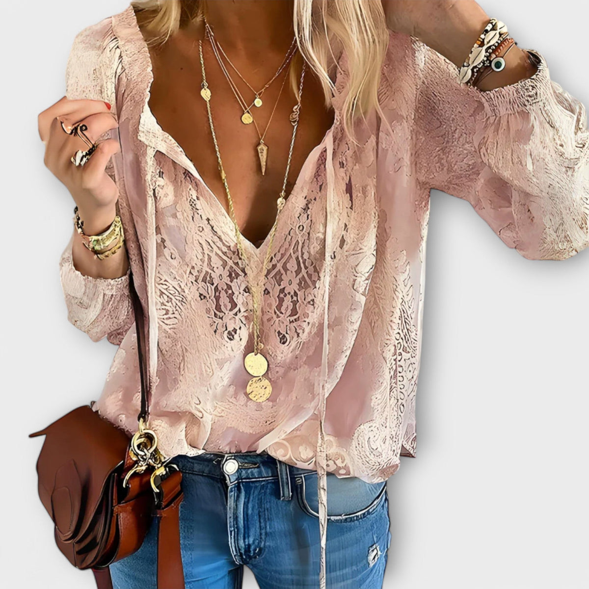 Zeleste™ | Women's Lace V-Neck Blouse Long Sleeve Boho Top