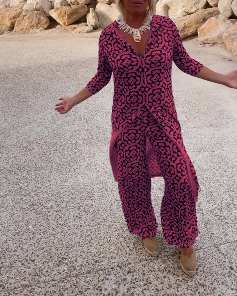 Mosa™ | Women's Printed Two Piece Set Longline Shirt Straight Pants