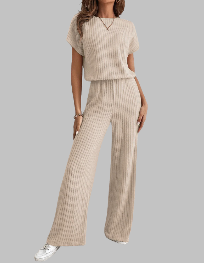 Nora™ | Women's Ribbed Two Piece Set Short Sleeve Top Wide Leg Pants