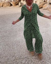 Mosa™ | Women's Printed Two Piece Set Longline Shirt Straight Pants