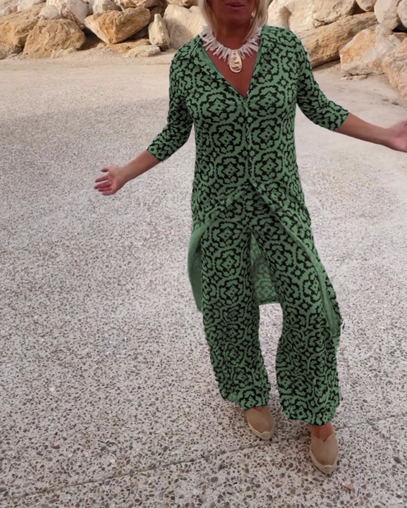 Mosa™ | Women's Printed Two Piece Set Longline Shirt Straight Pants