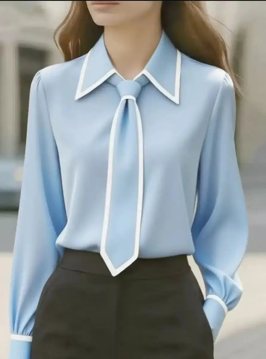 Vivian™ | Women's Long Sleeve Tie Neck Blouse Contrast Collar