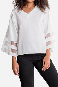 Celeste™ | Women's V-Neck Bell Sleeve Blouse with Mesh Panel Detail