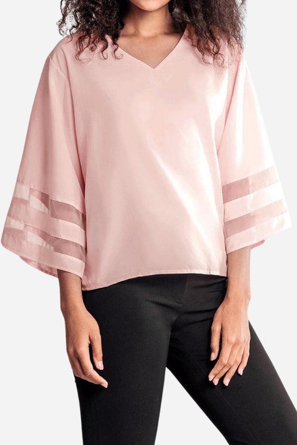 Celeste™ | Women's V-Neck Bell Sleeve Blouse with Mesh Panel Detail