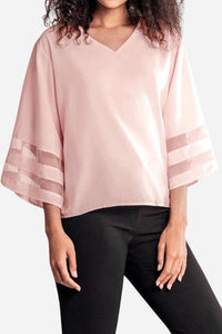 Celeste™ | Women's V-Neck Bell Sleeve Blouse with Mesh Panel Detail