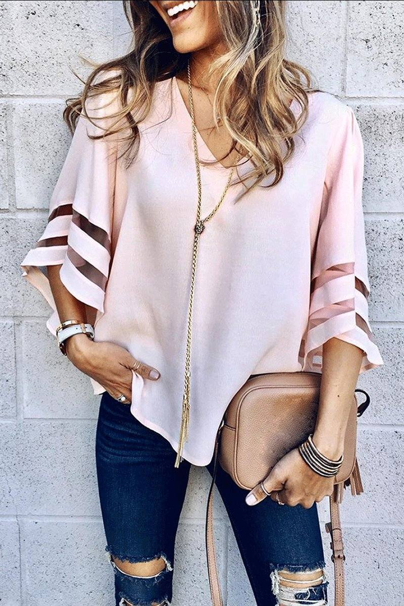 Celeste™ | Women's V-Neck Bell Sleeve Blouse with Mesh Panel Detail