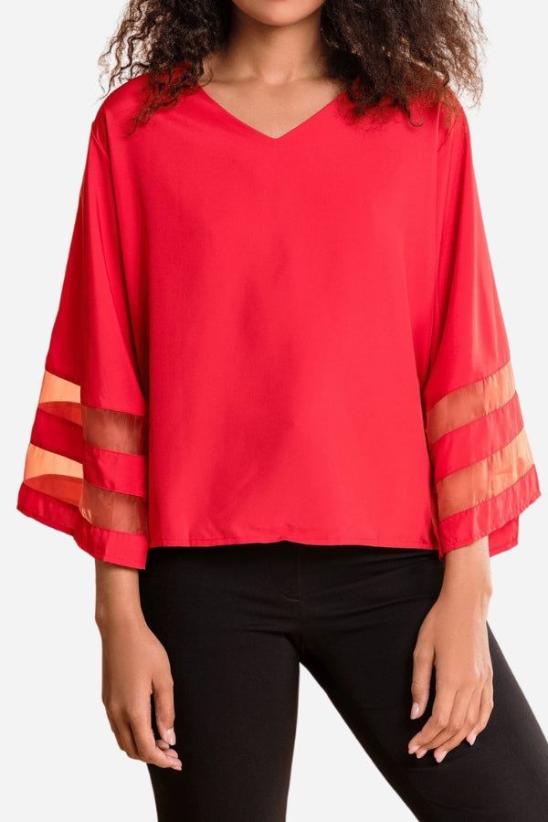 Celeste™ | Women's V-Neck Bell Sleeve Blouse with Mesh Panel Detail