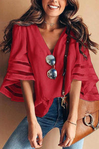 Celeste™ | Women's V-Neck Bell Sleeve Blouse with Mesh Panel Detail