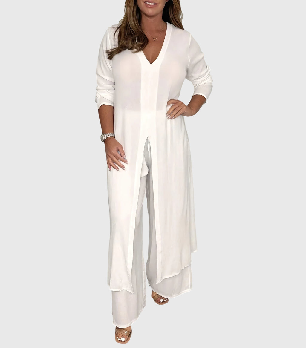 Pearl™ | Women's Duster Cardigan Two-Piece Set Wide Leg Pants