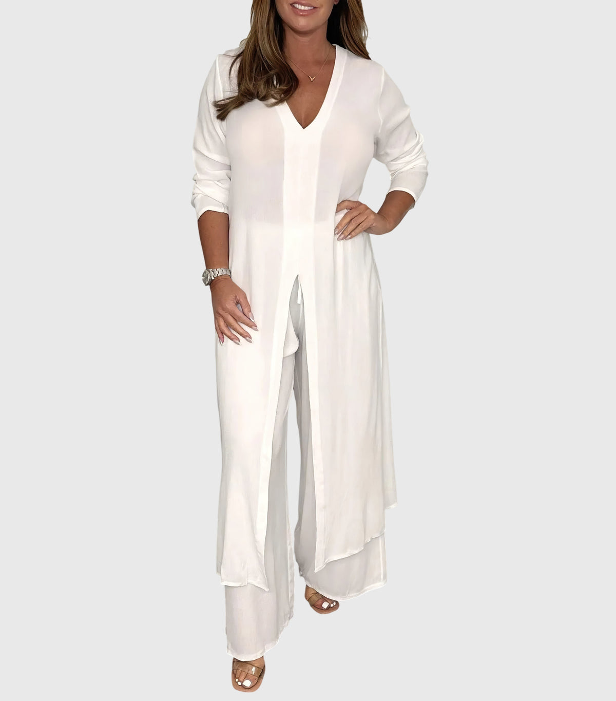 Pearl™ | Women's Duster Cardigan Two-Piece Set Wide Leg Pants