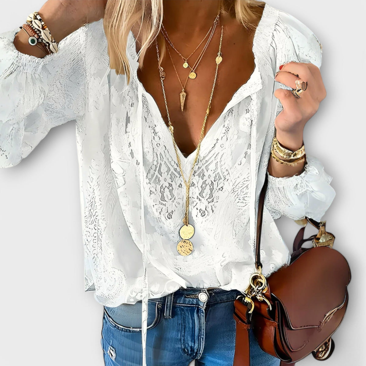 Zeleste™ | Women's Lace V-Neck Blouse Long Sleeve Boho Top
