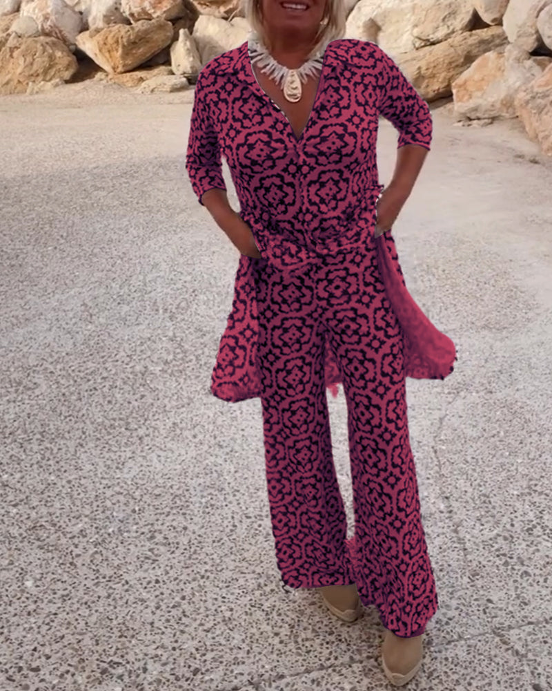 Mosa™ | Women's Printed Two Piece Set Longline Shirt Straight Pants