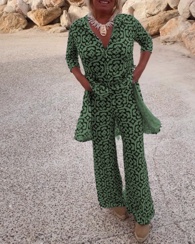 Mosa™ | Women's Printed Two Piece Set Longline Shirt Straight Pants