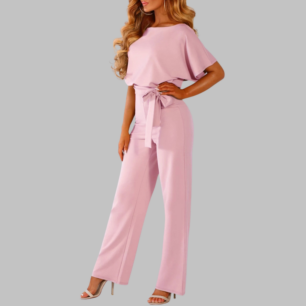 Sunny™ | Women's Belted Wide Leg Jumpsuit Batwing Sleeve Crewneck