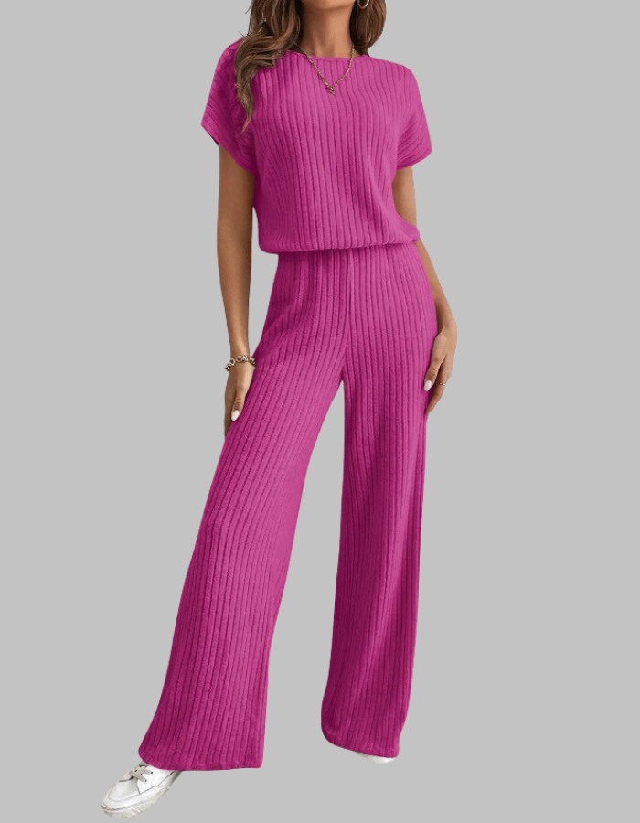 Nora™ | Women's Ribbed Two Piece Set Short Sleeve Top Wide Leg Pants