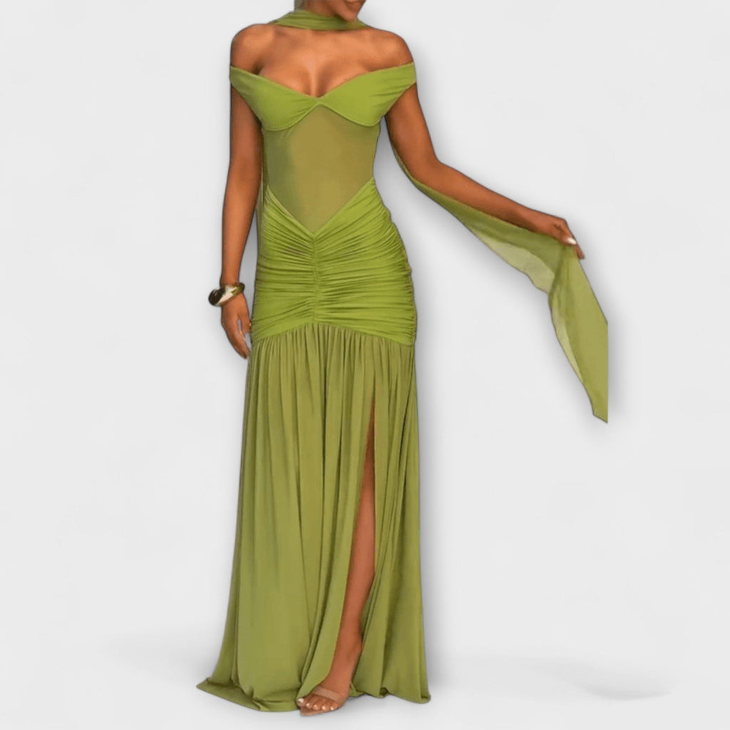 Style200™ | Nicole - Olive Green V-Neck Maxi Dress for Events