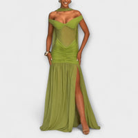 Style200™ | Nicole - Olive Green V-Neck Maxi Dress for Events