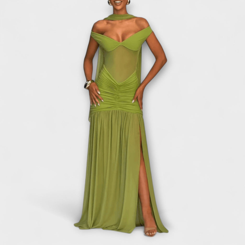 Style200™ | Nicole - Olive Green V-Neck Maxi Dress for Events