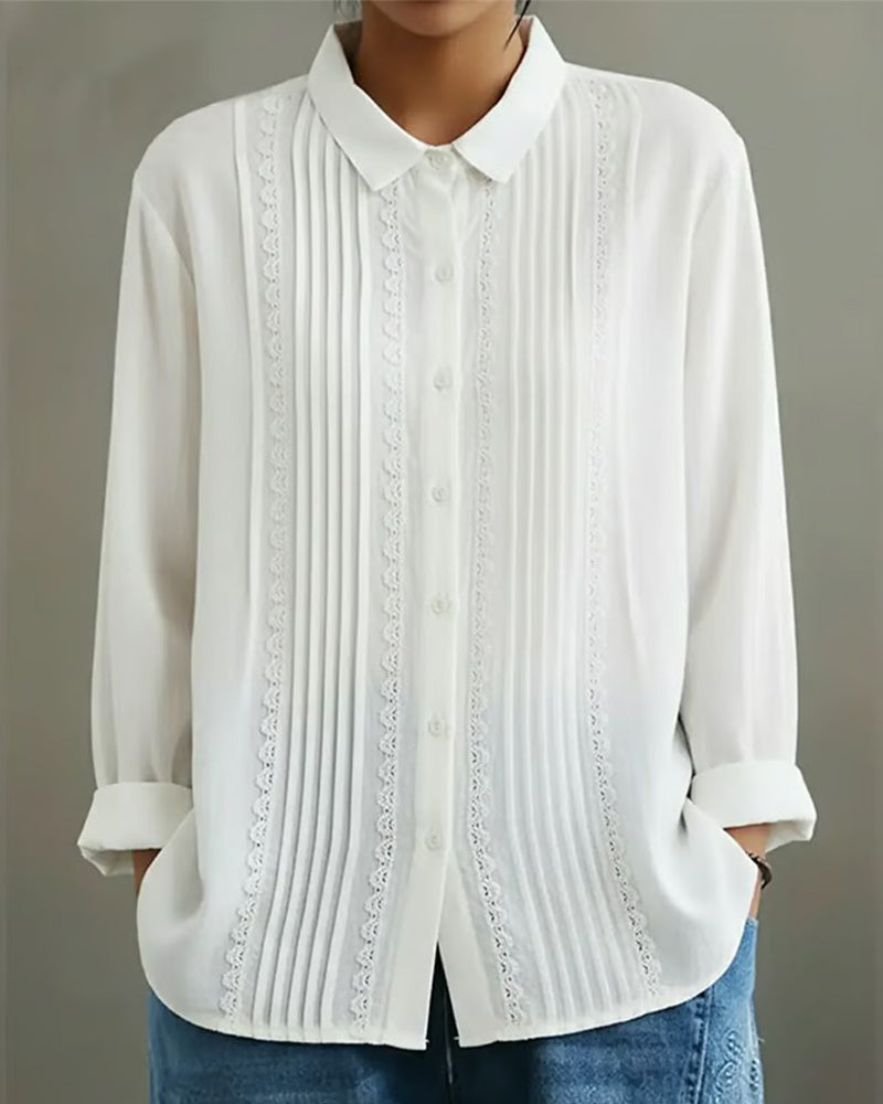 Claire™ | Women's Lace Trim Button-Up Long Sleeve Blouse