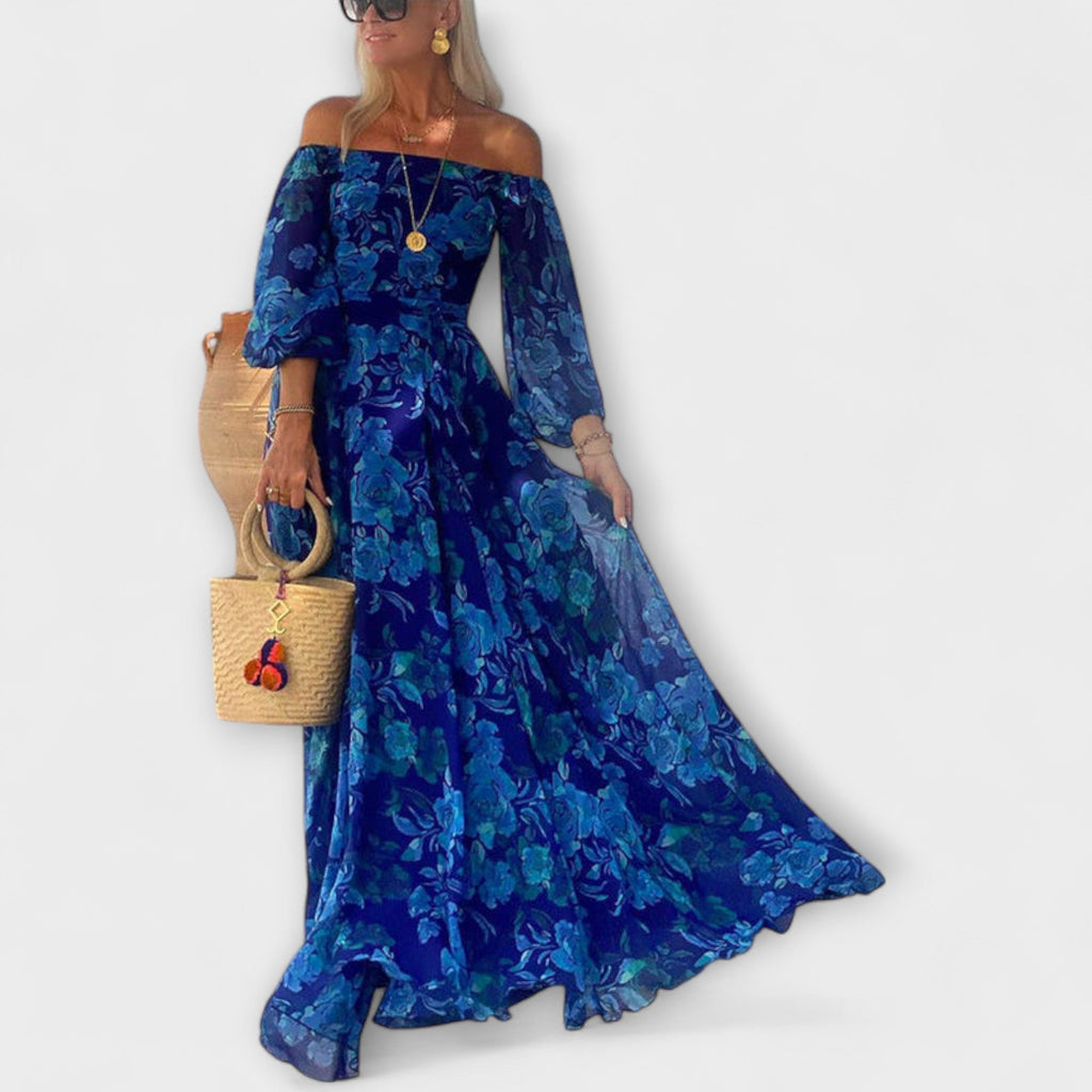 Style200™ | Juniper - Floral Off-Shoulder Smocked Maxi Dress for Beach Getaways
