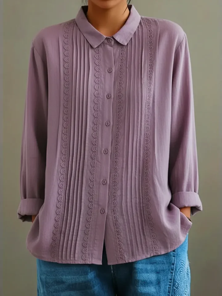 Claire™ | Women's Lace Trim Button-Up Long Sleeve Blouse