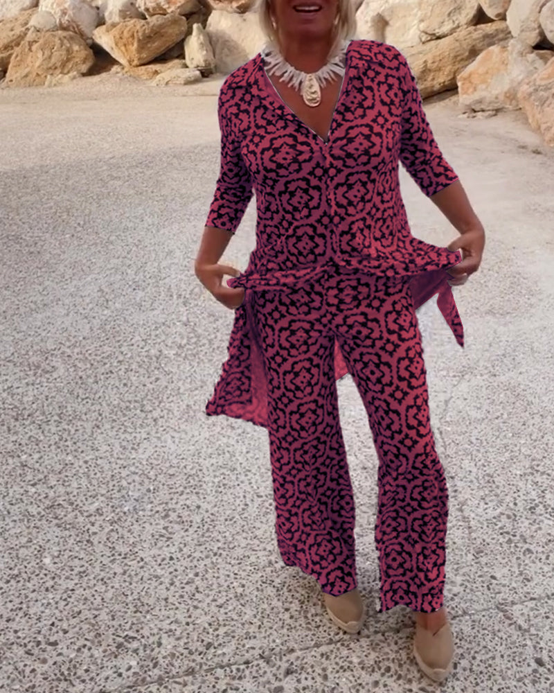 Mosa™ | Women's Printed Two Piece Set Longline Shirt Straight Pants