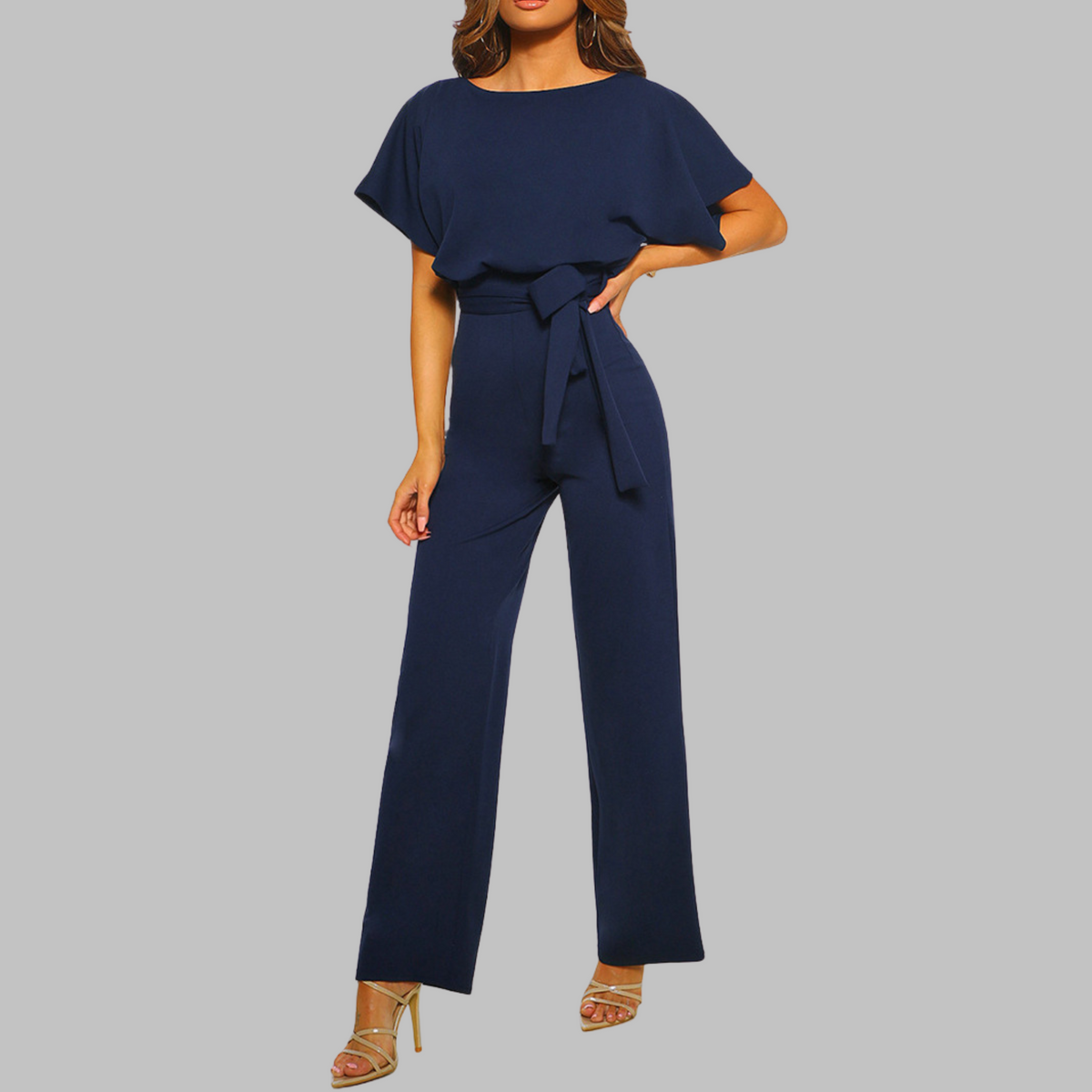 Sunny™ | Women's Belted Wide Leg Jumpsuit Batwing Sleeve Crewneck
