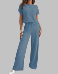 Nora™ | Women's Ribbed Two Piece Set Short Sleeve Top Wide Leg Pants