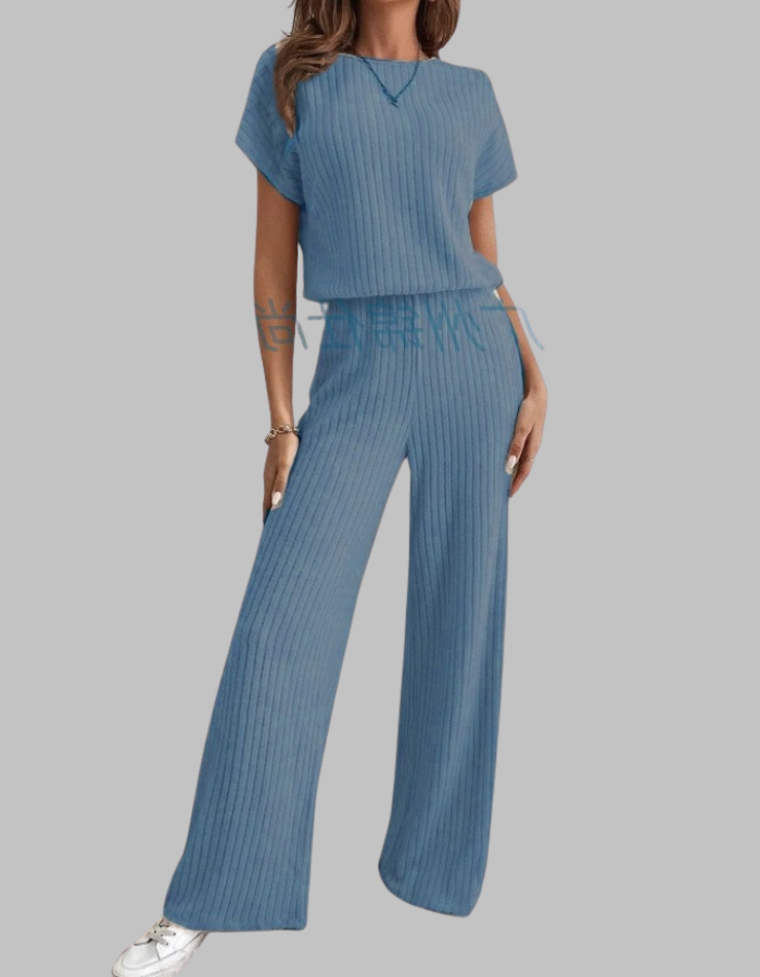 Nora™ | Women's Ribbed Two Piece Set Short Sleeve Top Wide Leg Pants