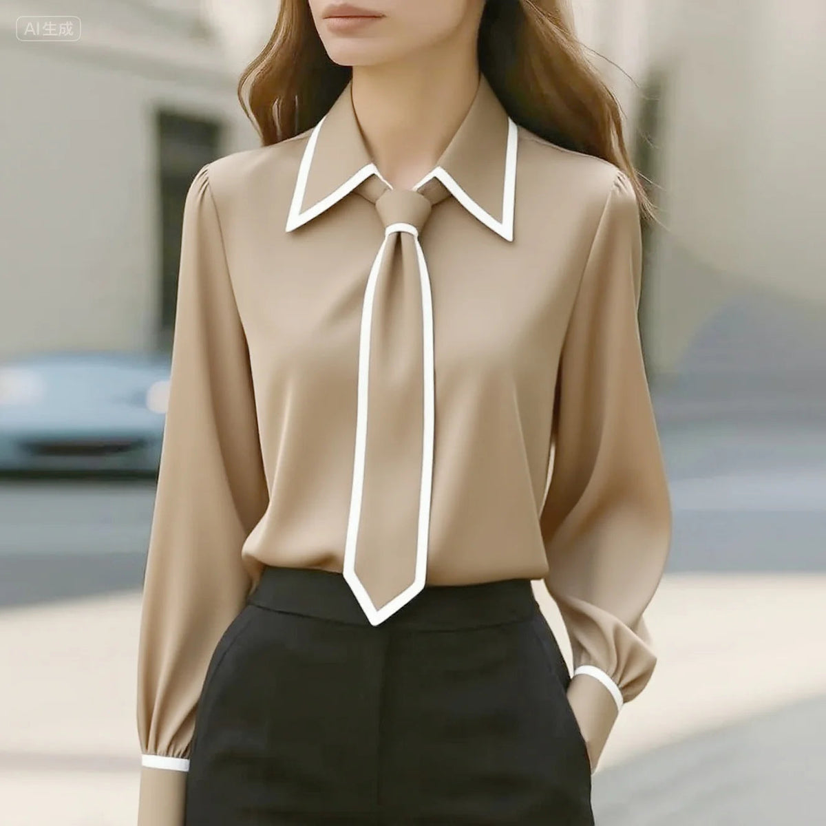 Vivian™ | Women's Long Sleeve Tie Neck Blouse Contrast Collar