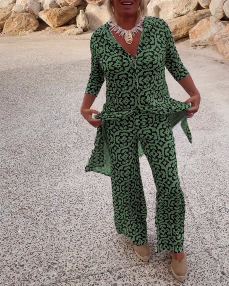 Mosa™ | Women's Printed Two Piece Set Longline Shirt Straight Pants