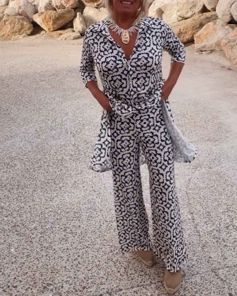Mosa™ | Women's Printed Two Piece Set Longline Shirt Straight Pants