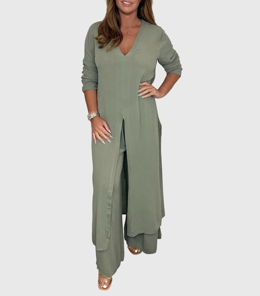 Pearl™ | Women's Duster Cardigan Two-Piece Set Wide Leg Pants