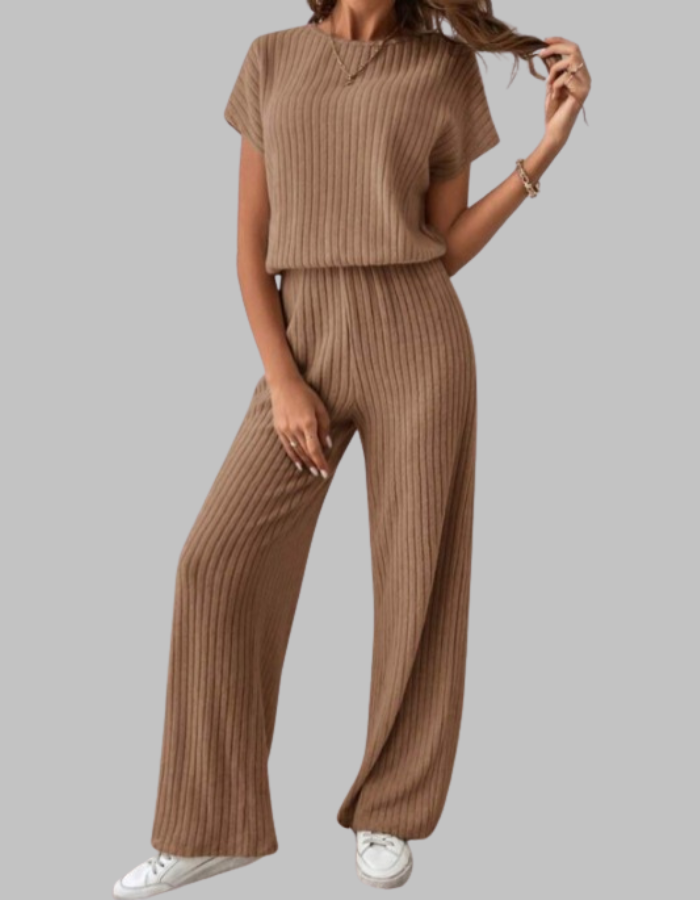 Nora™ | Women's Ribbed Two Piece Set Short Sleeve Top Wide Leg Pants