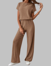 Nora™ | Women's Ribbed Two Piece Set Short Sleeve Top Wide Leg Pants