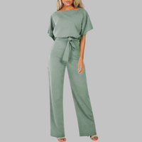 Sunny™ | Women's Belted Wide Leg Jumpsuit Batwing Sleeve Crewneck