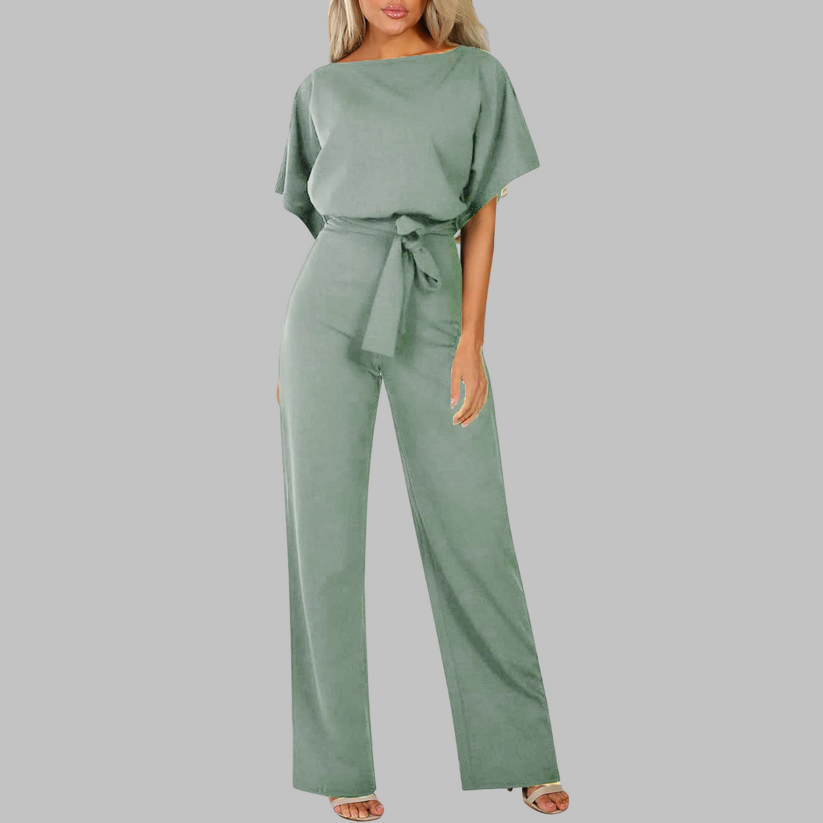 Sunny™ | Women's Belted Wide Leg Jumpsuit Batwing Sleeve Crewneck