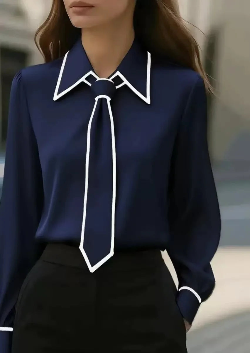 Vivian™ | Women's Long Sleeve Tie Neck Blouse Contrast Collar
