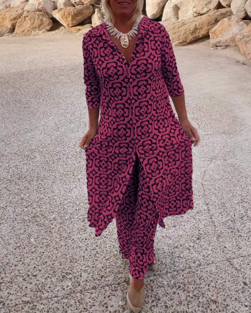 Mosa™ | Women's Printed Two Piece Set Longline Shirt Straight Pants