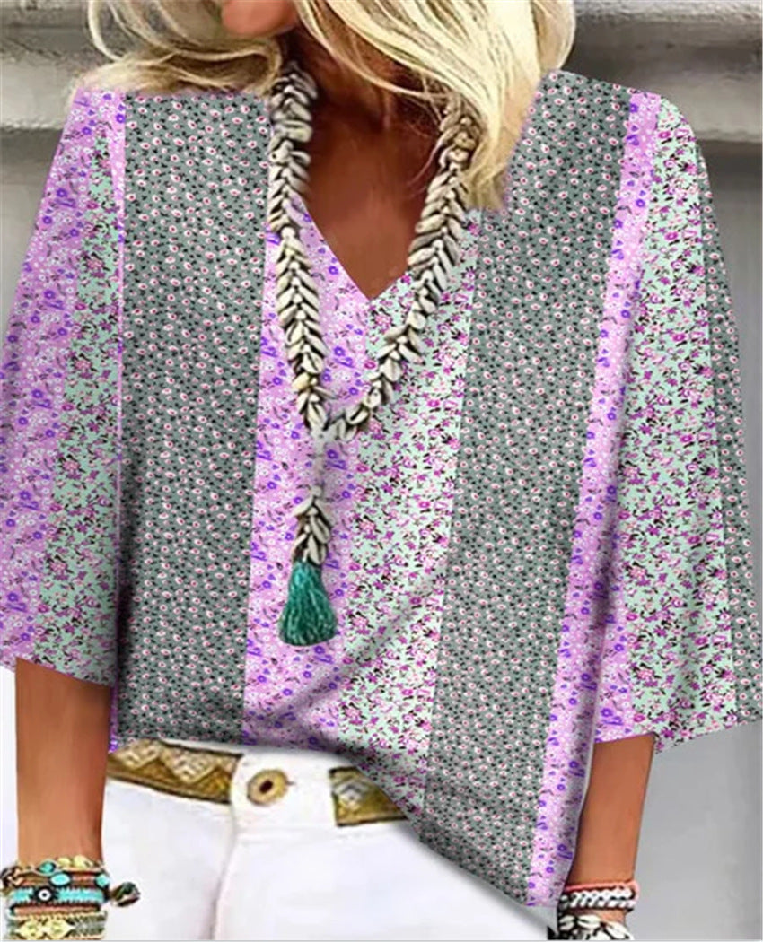 Mosaic™ | Women's Ditsy Floral Patchwork V-Neck 3/4 Sleeve Top
