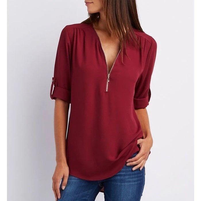 Rosé™ | Women's Zip-Up V-Neck Half Sleeve Casual Blouse Top