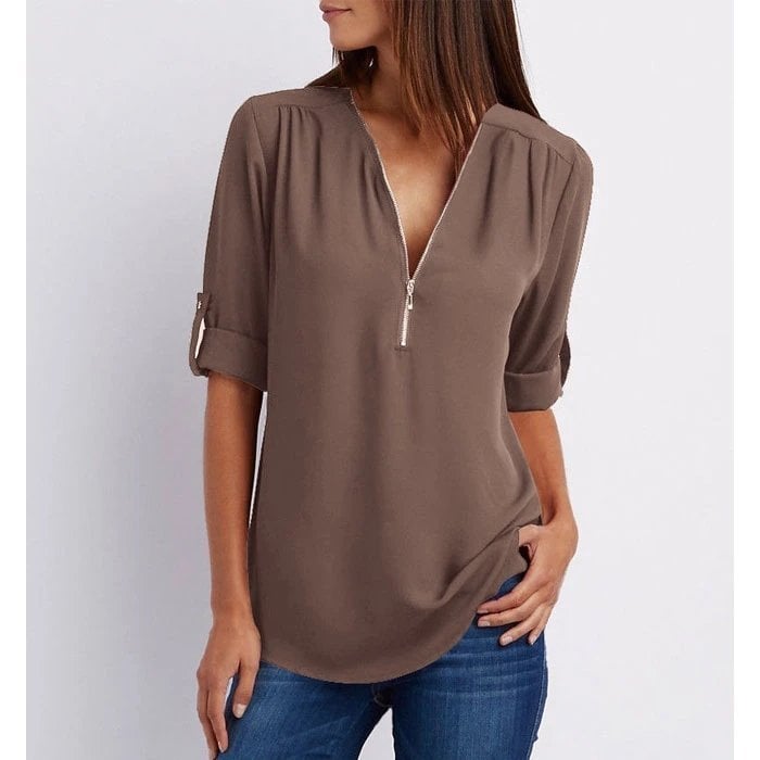Rosé™ | Women's Zip-Up V-Neck Half Sleeve Casual Blouse Top