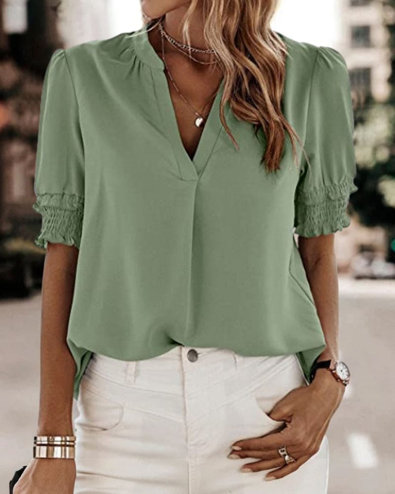 Maya™ | Women's V-Neck Puff Sleeve Blouse Short Sleeve Top