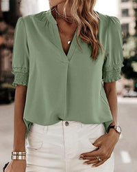 Maya™ | Women's V-Neck Puff Sleeve Blouse Short Sleeve Top